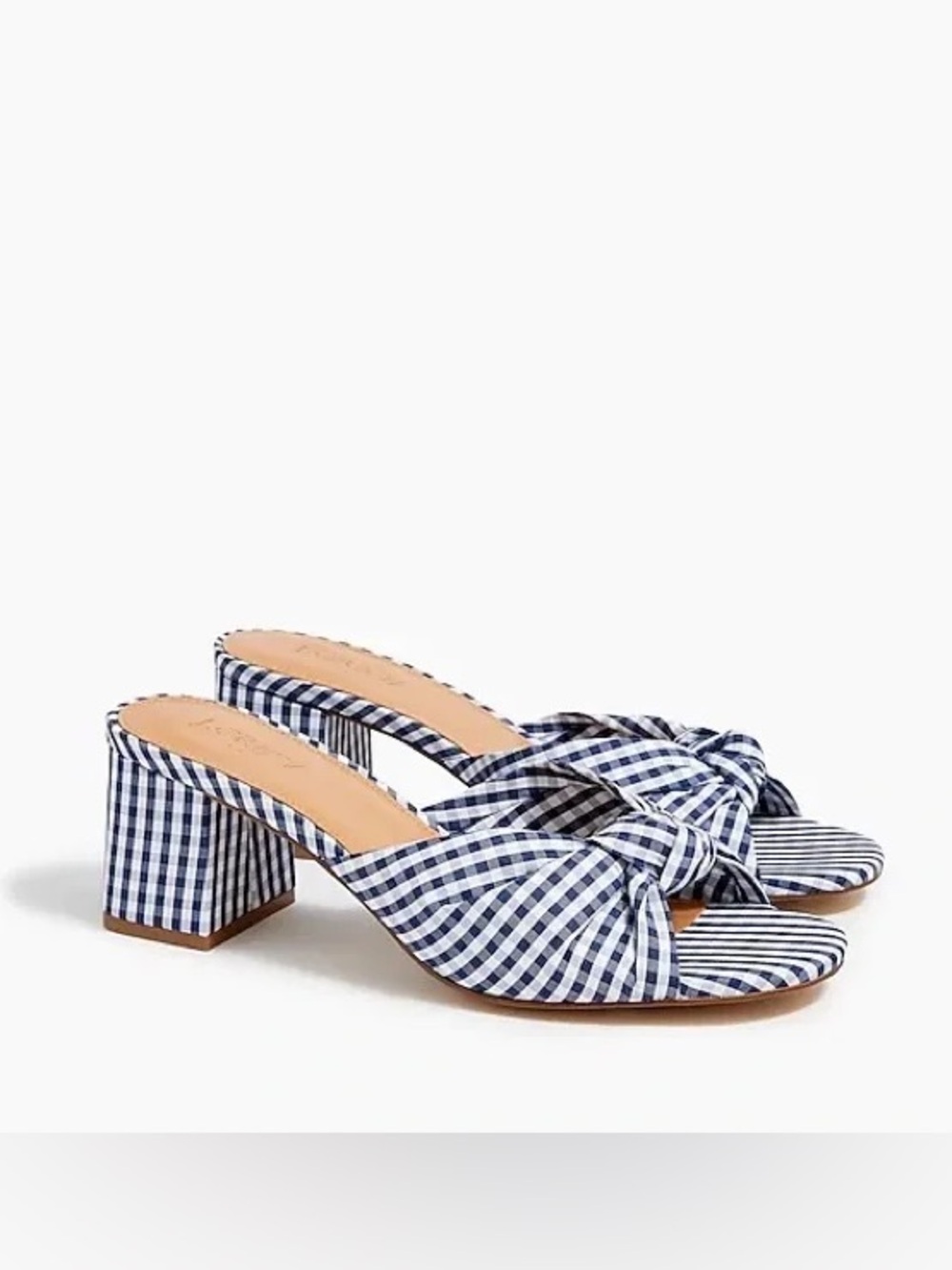 J.Crew Printed Knot Block-Heel Sandals in Navy Gingham